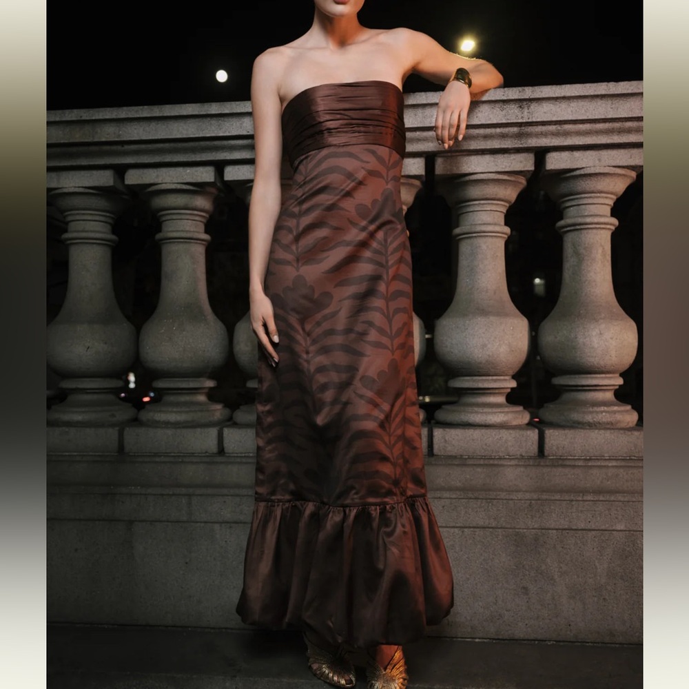 Chic Strapless Brown Patterned Dress